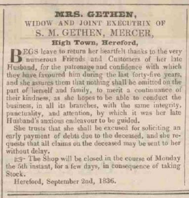 Gethen Advert 1836 <i>Hereford Times</i> 3 September 1836